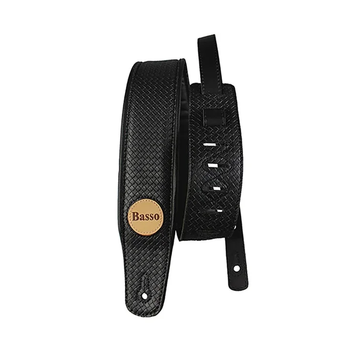 Basso Guitar Strap – Synthetic Braided Black CLA15, 1.00 to 1.45m Length, 7.5cm Width, Sweat Absorbent Lining, Reinforced Tips