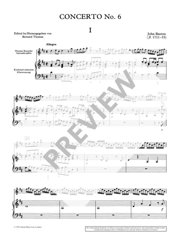 Baston Concerto No. 6 in D Major for Descant Recorder and Strings