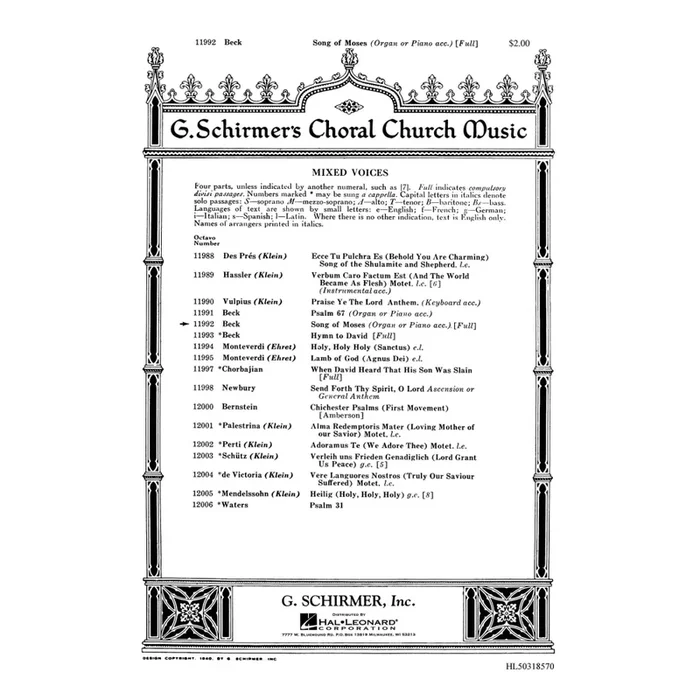 Beck, J. N. – Song Of Moses Piano Or Organ Accompaniment
