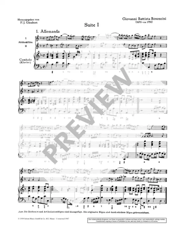 Bononcini 7 Suites for 2 Treble Recorders and Continuo – Volume 1