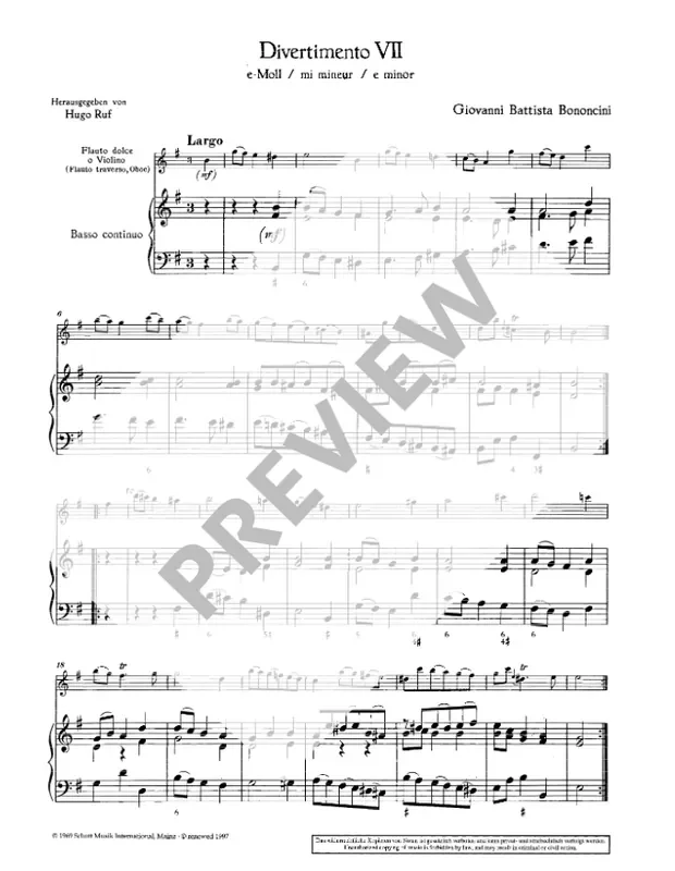 Bononcini Divertimenti da camera for Treble Recorder and Continuo