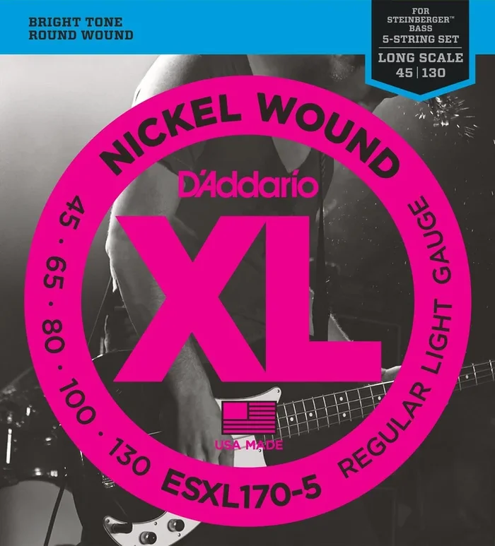 D’Addario ESXL170-5 Nickel Wound 5-String Bass Guitar Strings, Light, 45-130, Double Ball End, Long Scale