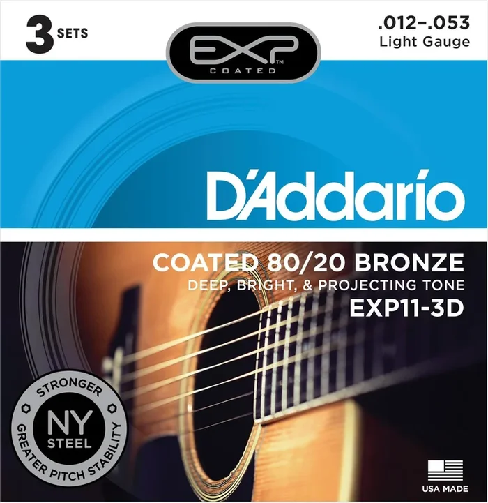 D’Addario EXP11-3D 3 Sets Light 12-53 Coated 80-20 Bronze Acoustic Guitar Strings
