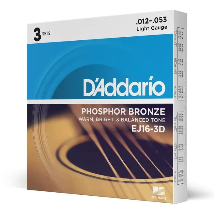 D‘Addario 12-53 – Light Phosphor Bronze Acoustic Guitar Strings – 3-Pack