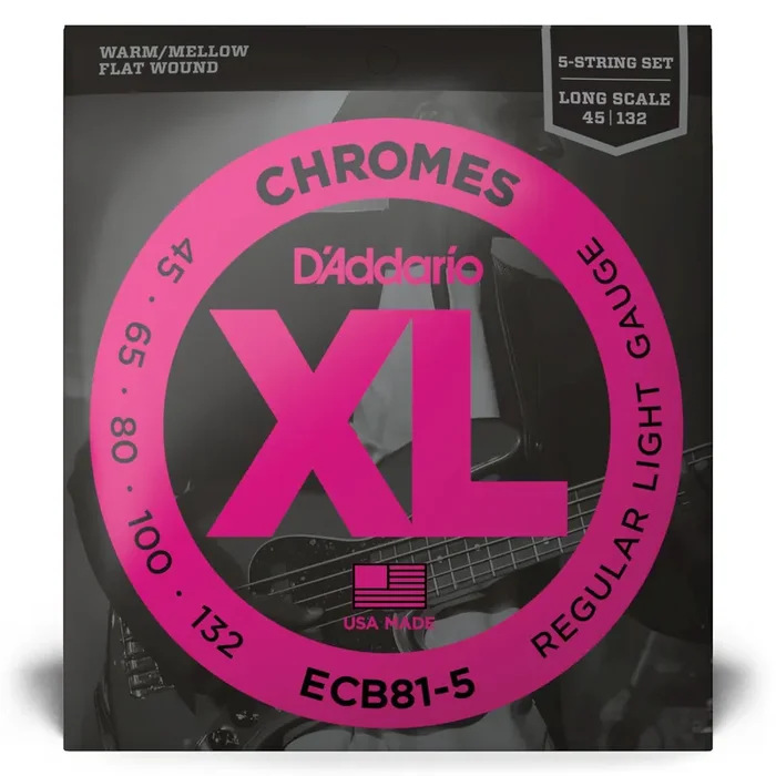 D‘Addario Chromes 45-132 Stainless Steel Flatwound 5-String Bass Guitar Strings, Long Scale [ECB81-5]