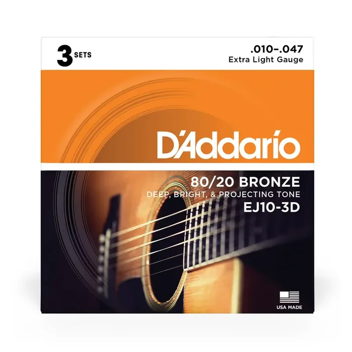 D‘Addario EJ10 80/20 Bronze 10-47 Acoustic Guitar Strings, 3-Pack