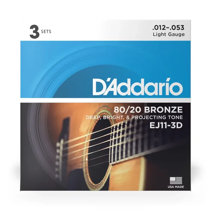 D‘Addario EJ11 80/20 Bronze 12-53 Acoustic Guitar Strings, Light, 3-Pack