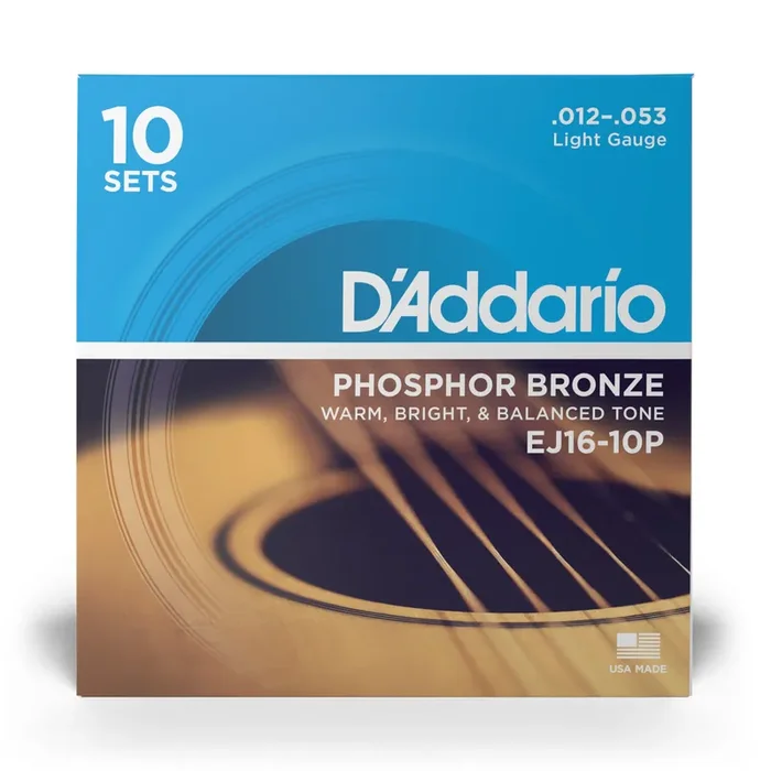 D‘Addario EJ16 Phosphor Bronze 12-53 Acoustic Guitar Strings, Light, 10-Pack