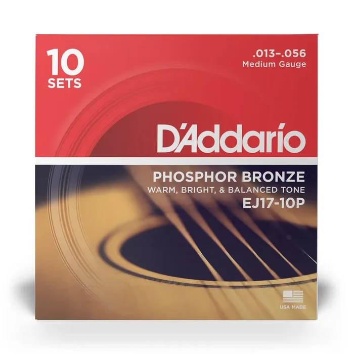 D‘Addario EJ17 Phosphor Bronze 13-56 Acoustic Guitar Strings, Medium, 10-Pack