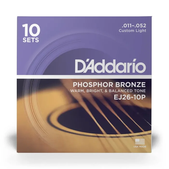 D‘Addario EJ26 Phosphor Bronze 11-52 Acoustic Guitar Strings, Custom Light, 10-Pack