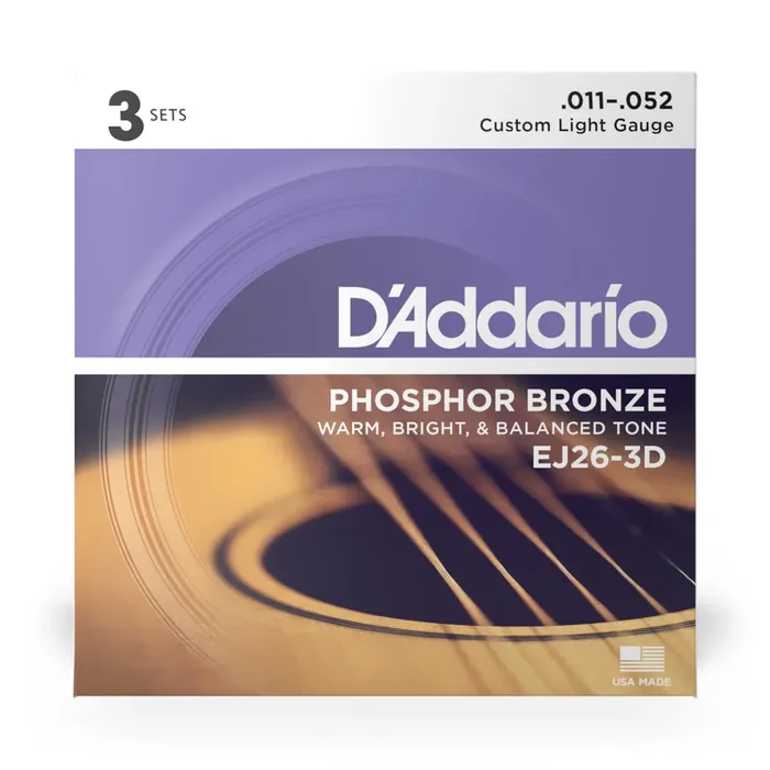 D‘Addario EJ26 Phosphor Bronze 11-52 Acoustic Guitar Strings, Custom Light, 3-Pack