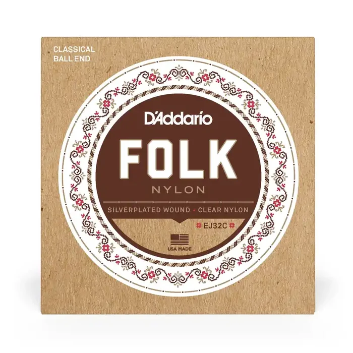 D‘Addario EJ32C Folk Nylon Silver-plated Copper & Clear Nylon Acoustic Guitar Strings, Ball-End