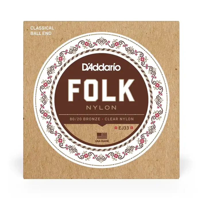 D‘Addario EJ33 Folk Nylon 80/20 Bronze & Clear Nylon Acoustic Guitar Strings, Ball-End