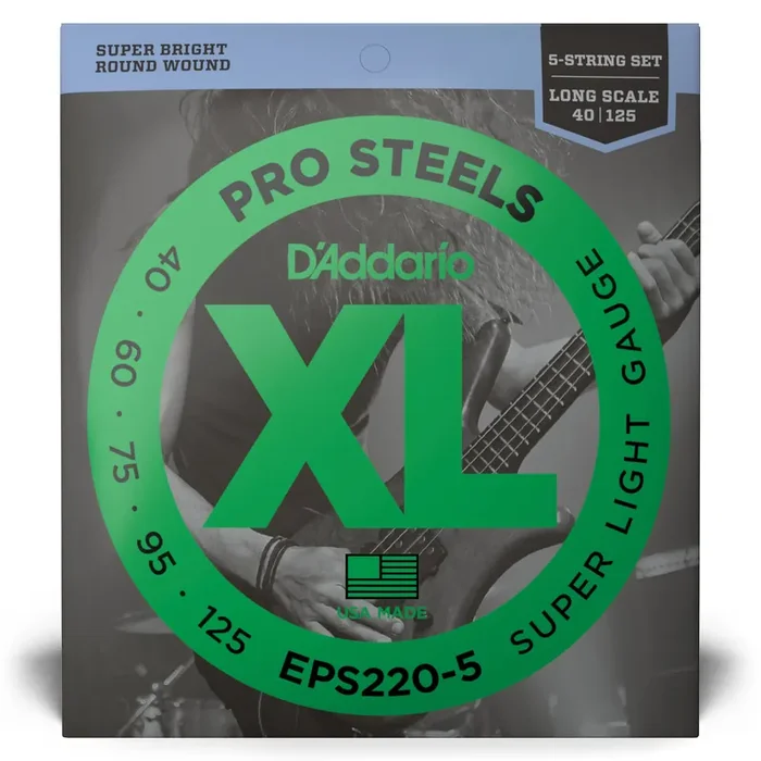 D‘Addario Pro Steels Stainless Steel 40-125 5-String Bass Guitar Strings, Long Scale [EPS220-5]