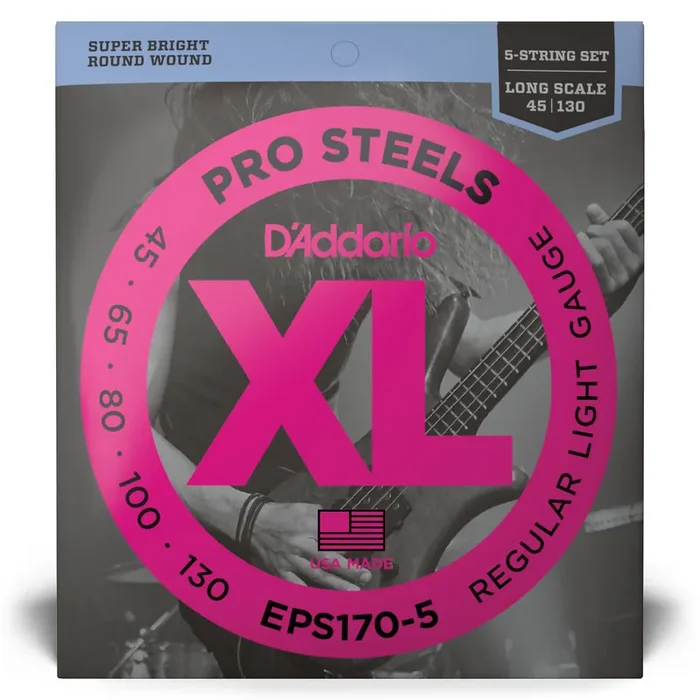 D‘Addario Pro Steels Stainless Steel 45-130 5-String Bass Guitar Strings, Long Scale [EPS170-5]