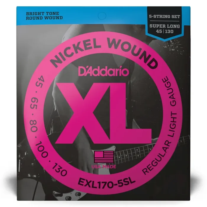 D‘Addario XL-Series Nickel Wound 45-130 5-String Bass Guitar Strings, Super Long Scale [EXL170-5SL]