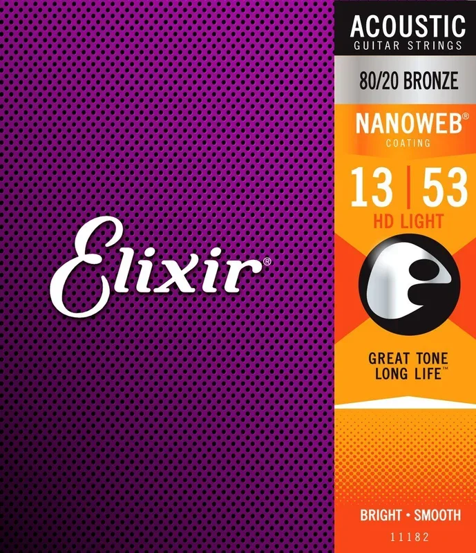 Elixir 11182 Nanoweb HD Lite 80/20 Acoustic Guitar Strings 13-53 Gauge