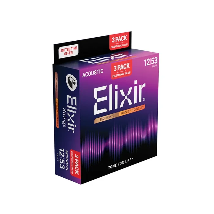 Elixir 80/20 12-53 Coated Acoustic Guitar String 3 Pack