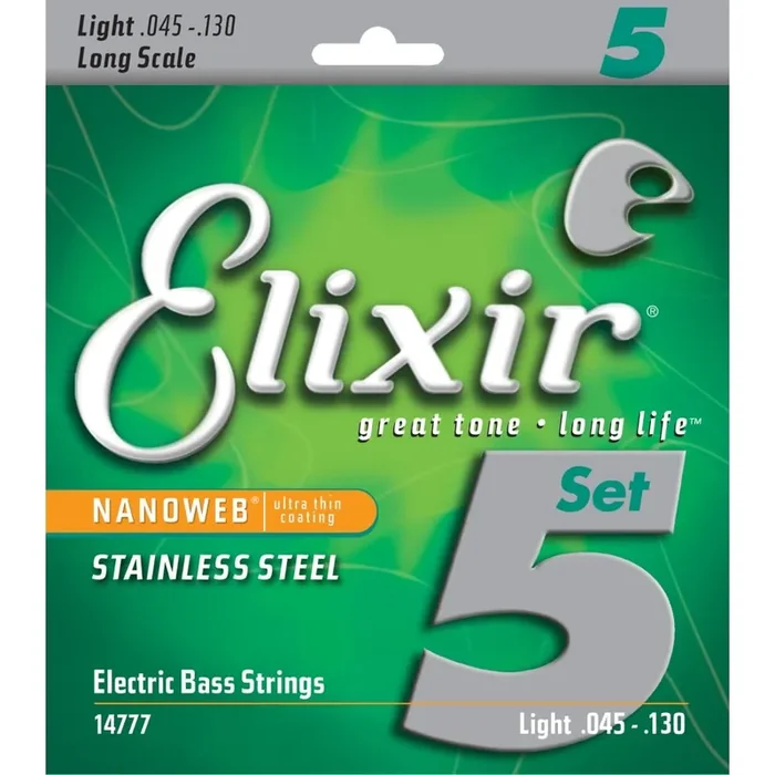 Elixir Nanoweb Stainless Steel 45-130 5-String Bass Guitar Strings, Long Scale [14777]