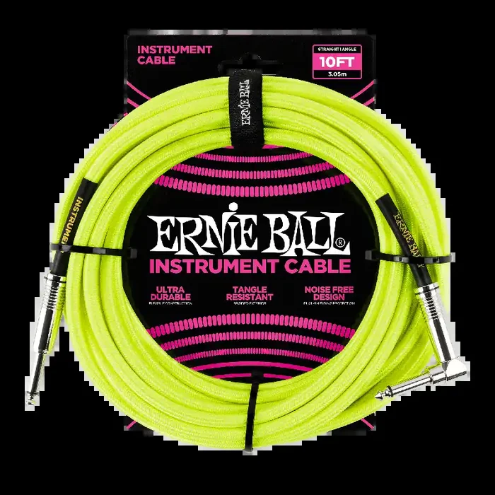 Ernie Ball 10ft / 3m Neon Yellow Braided Right Angle – Straight Jack Cable