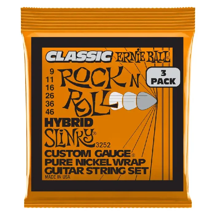 Ernie Ball 2252 Classic Hybrid Slinky Pure Nickel 9-46 Electric Guitar Strings, 3-Pack