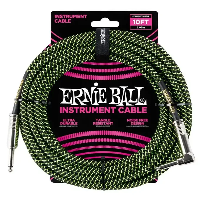 Ernie Ball Braided Instrument Cable, 10ft, Green-Black, Straight-Angled