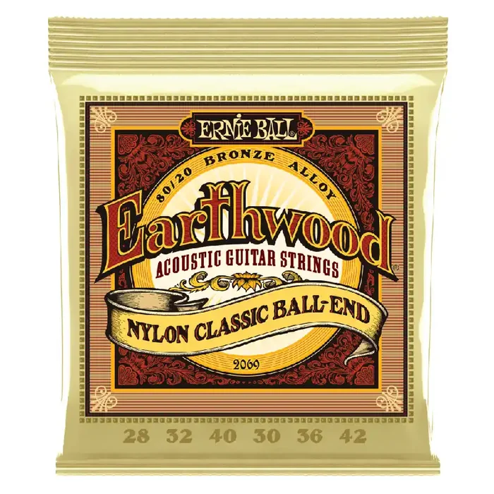 Ernie Ball Earthwood Folk Nylon 80/20 Bronze 28-42 Acoustic Guitar Strings, Ball-End