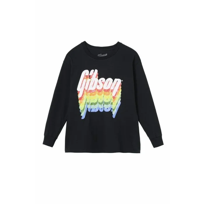 Gibson Kids Rainbow Logo Black Long Sleeve Tee 100% Cotton Size Large