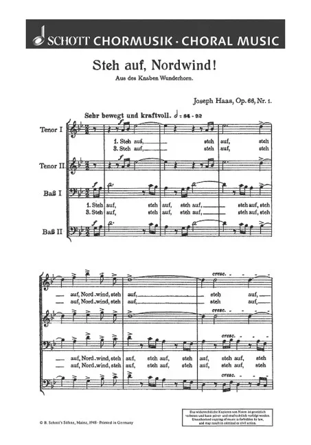 Haas, Joseph : Haas, Joseph : Steh auf, Nordwind!, aus “Des Knaben Wunderhorn” – Men’s Choir (TTBB) – Schott Digita