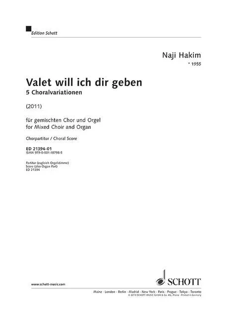 Hakim, Naji : Hakim, Naji : Valet will ich dir geben, 5 Choralvariationen for mixed Choir and Organ – mixed choir