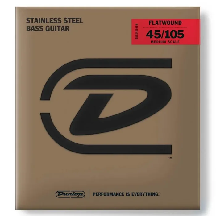 Jim Dunlop Flatwound Stainless Steel 45-105 Bass Guitar Strings, Medium Scale