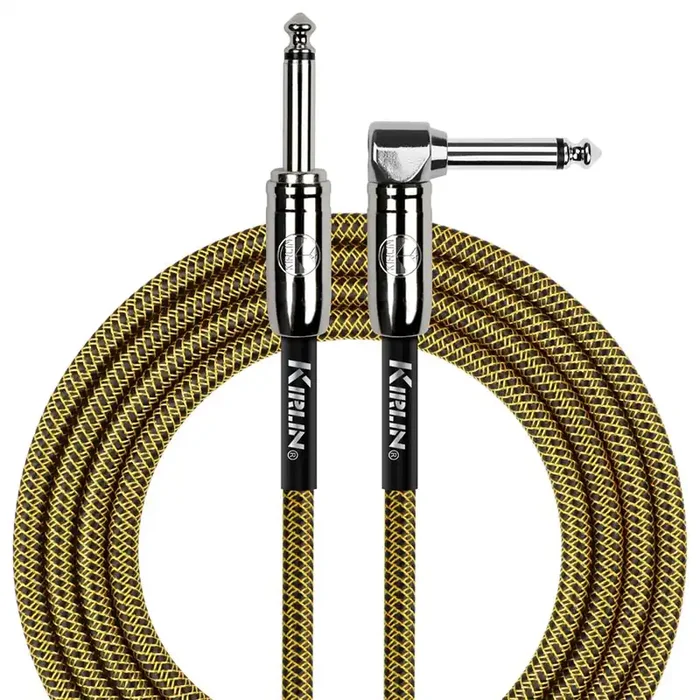 Kirlin 20ft / 6m Black / Yellow woven right angle – straight jack cable