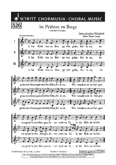 Lang, Hans : Lang, Hans : Im Frühtau zu Berge, (Schweden) – female choir or children’s choir (SMezA) – Schott Di
