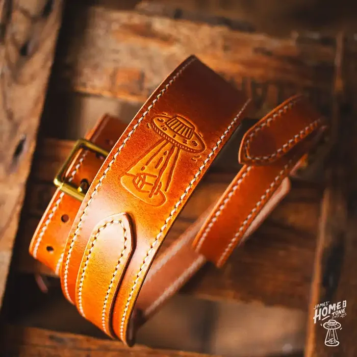 Lost Soul Leather handmade guitar strap – ‘Rockatansky‘ burnt tan w/cream thread