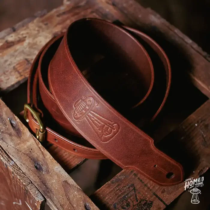 Lost Soul Leather handmade guitar strap – ‘Wolf Pup‘ Chestnut w/Havana thread