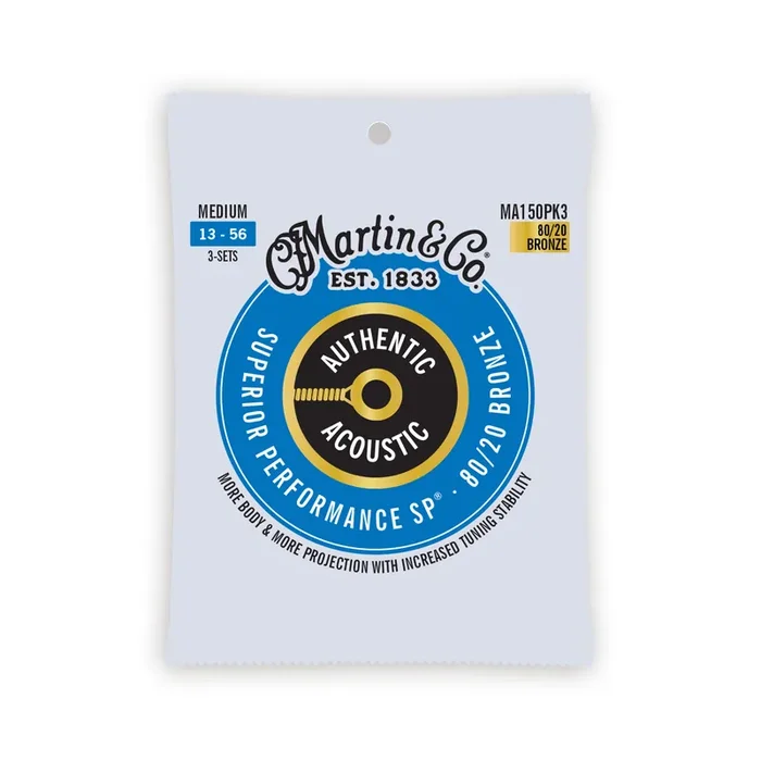 Martin MA150PK3 Authentic Acoustic SP 80/20 Bronze Acoustic Guitar Strings, Medium, 13-56, 3-Pack