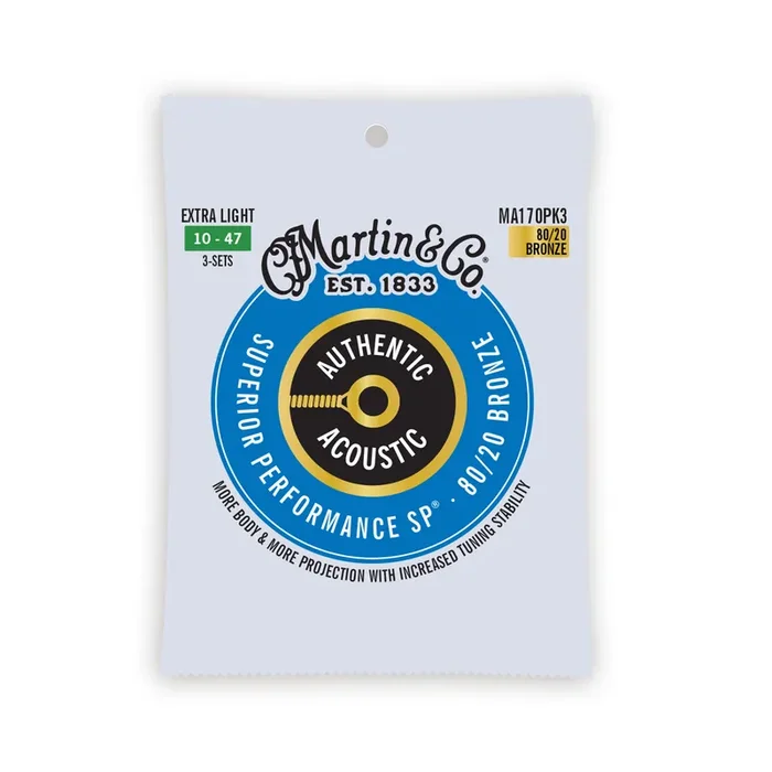 Martin MA170PK3 Authentic Acoustic SP 80/20 Bronze Acoustic Guitar Strings, Extra Light, 10-47, 3-Pack