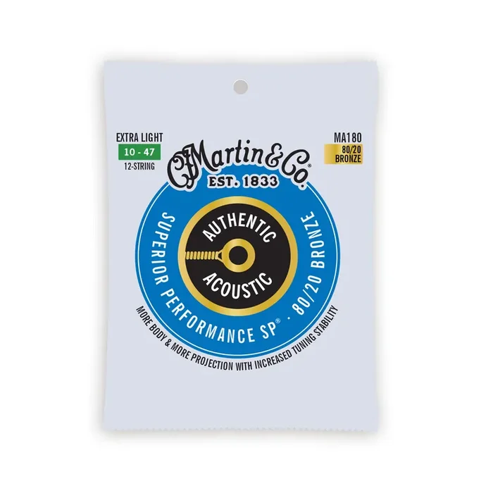 Martin MA180 Authentic Acoustic SP 80/20 Bronze Acoustic Guitar Strings, Extra Light 12-String, 10-47