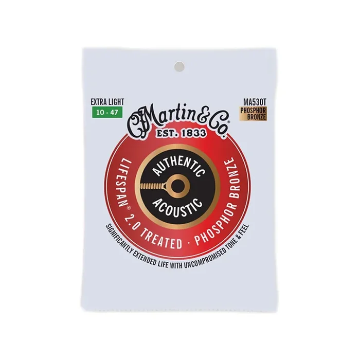 Martin MA530T Authentic Acoustic Lifespan 2.0 Phosphor Bronze Acoustic Guitar Strings, Extra Light, 10-47