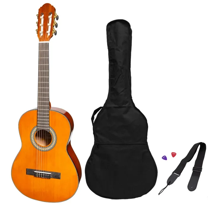 Martinez ‘Slim Jim’ G-Series 3/4 Size Student Classical Guitar Pack with Built In Tuner (Amber-Gloss)