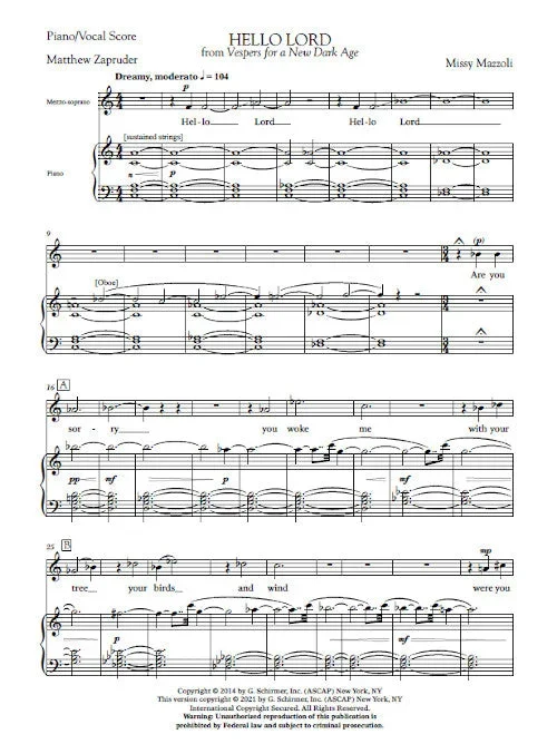 Mazzoli: Hello Lord (arr. for mezzo & piano)