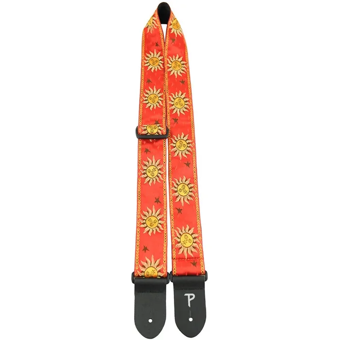 Perris 2″ Jacquard Guitar Strap with “Suns on Red” Design & Leather ends