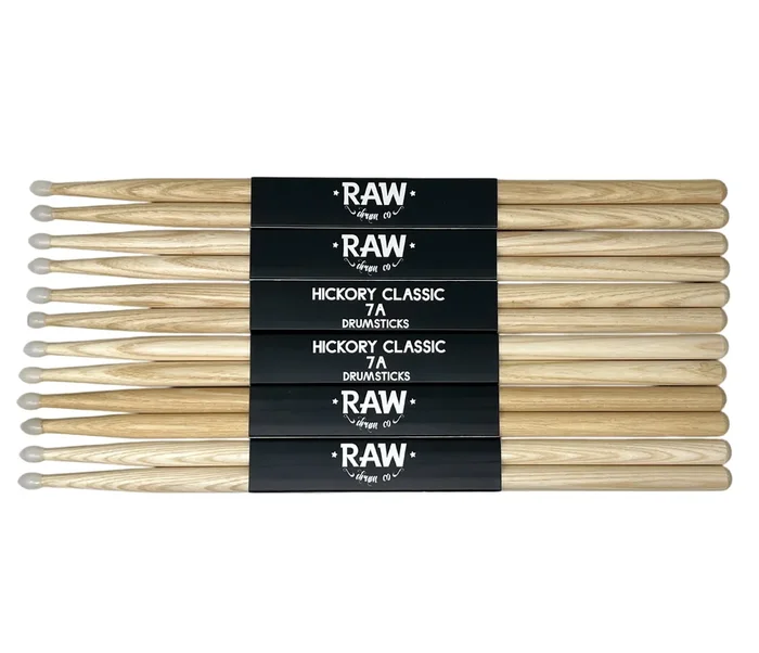 RAW Hickory Classic 7A Nylon Tip Drumsticks – 6 PACK