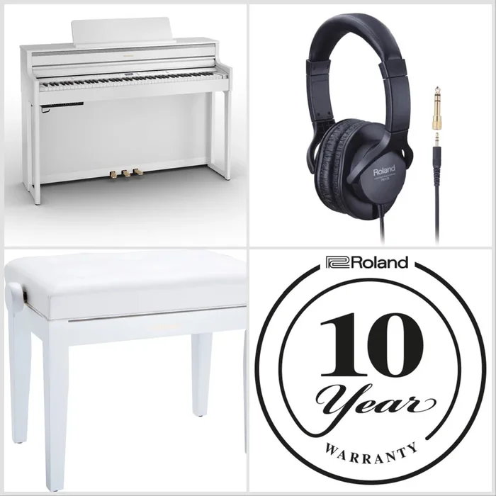 Roland HP704-WH Digital Upright Piano White Satin Bundle