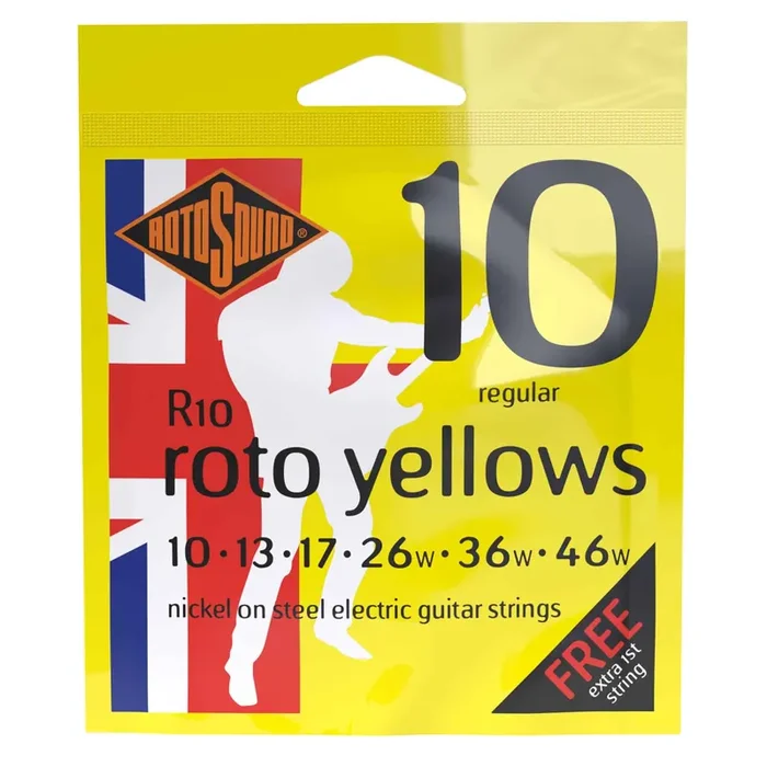 Rotosound R10 ROTO Yellows Nickel Wound 10-46 Electric Guitar Strings, Regular, 5-Pack