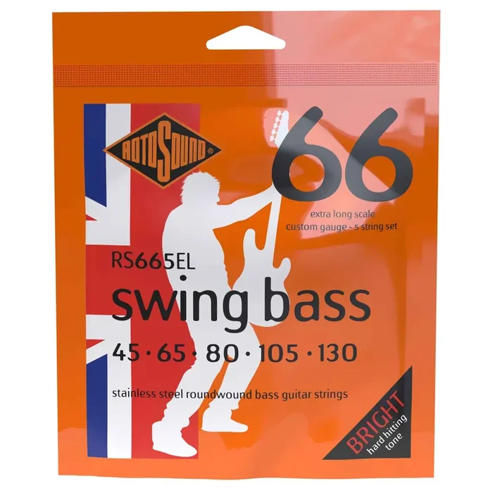 Rotosound Swing Bass Stainless Steel 45-130 5-String Bass Guitar Strings, Extra Long Scale [RS665EL]