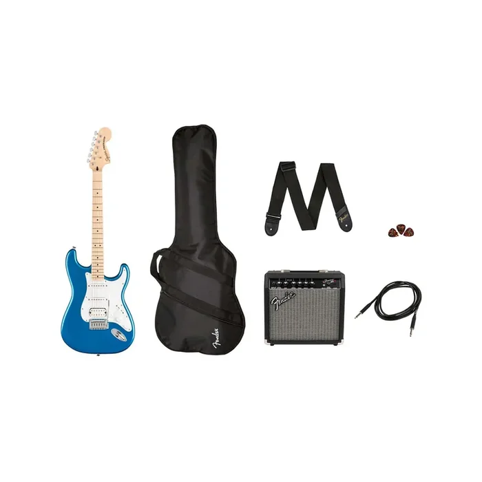 Squier Affinity Series HSS Stratocaster Guitar Pack, Maple FB, Lake Placid Blue, 230V, UK