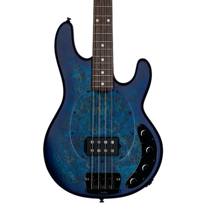 Sterling by Music Man Stingray RAY34 Rosewood Neck – Poplar Burl Neptune Blue Satin