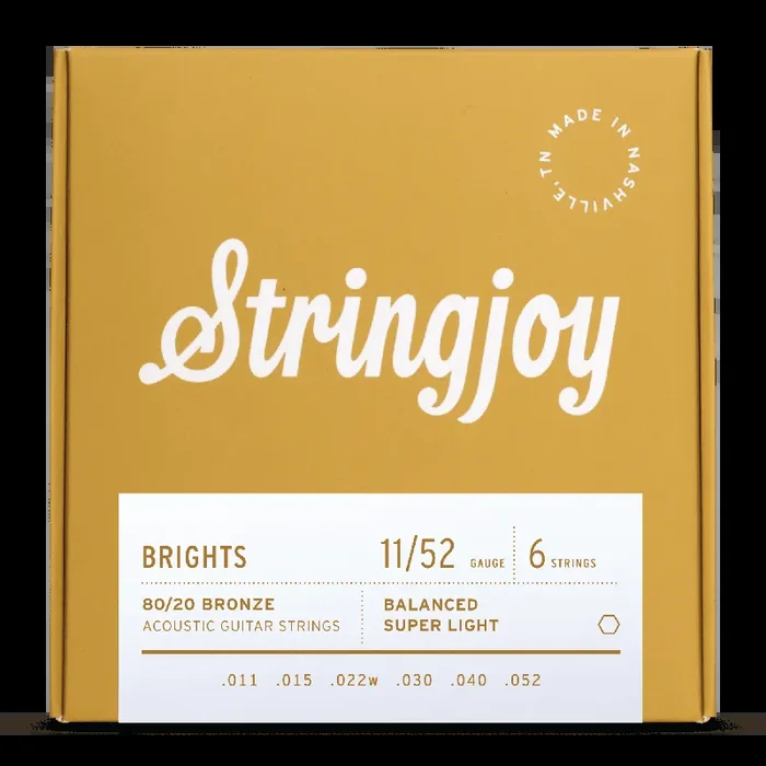 Stringjoy Brights 80/20 Bronze 11-52 Acoustic Guitar Strings, Custom Light