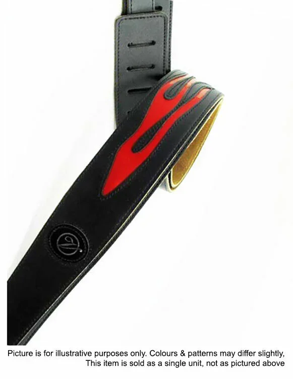 Vorson Black Leather Guitar Strap with Stitched Red Flame Design